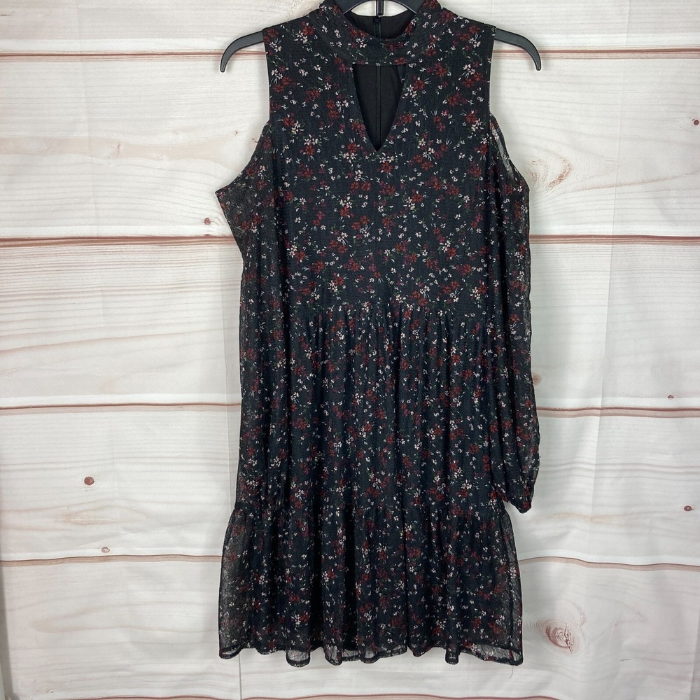 Lysse Dress Womens Small Black Floral Shift Mesh Knit Cold Shoulder Keyhole Neck